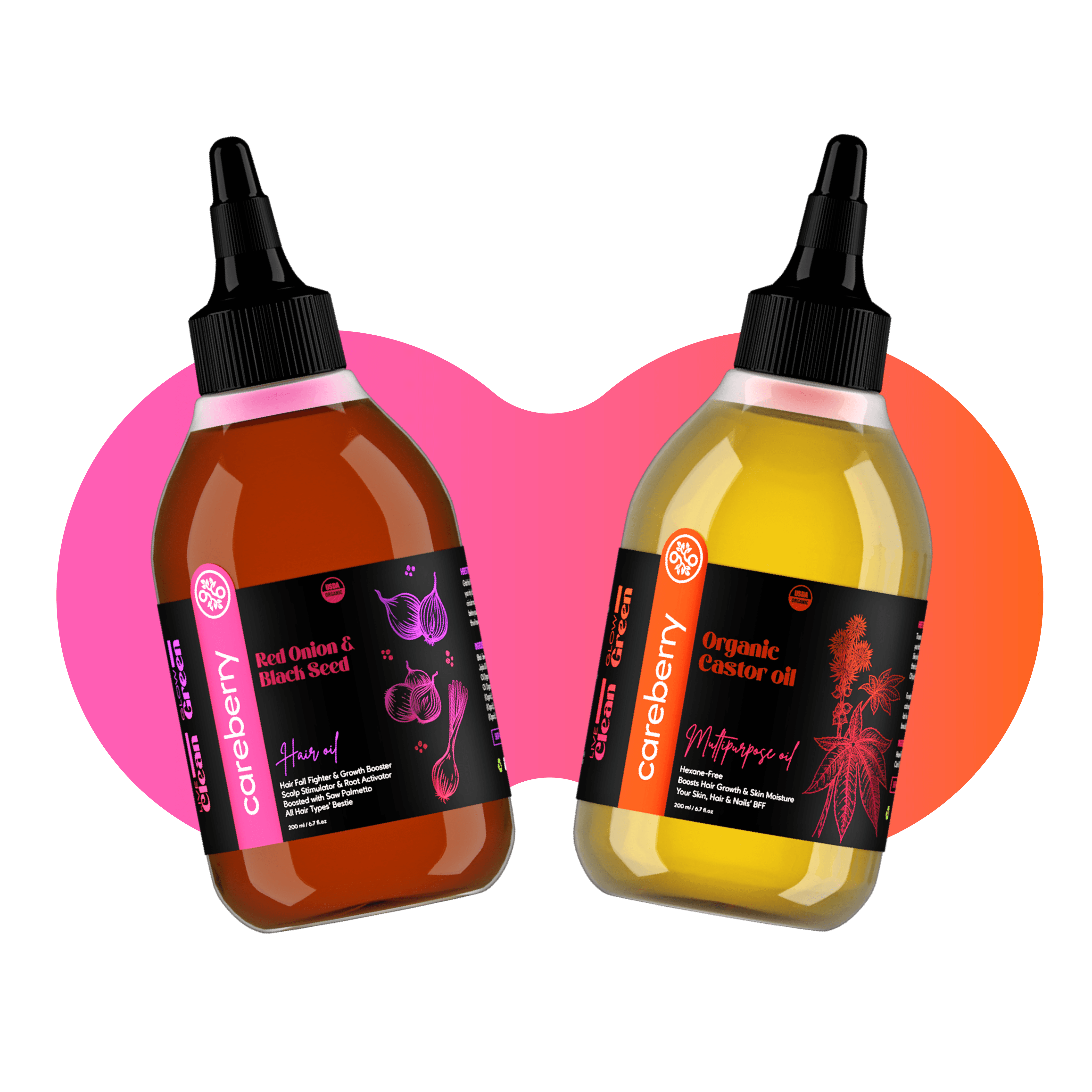 Organic Castor & Red Onion Hair Oil Combo - Hexane-Free, Cold Pressed, 100% Natural, Boosts Hair Growth, Controls Hair Fall, 200ml Each