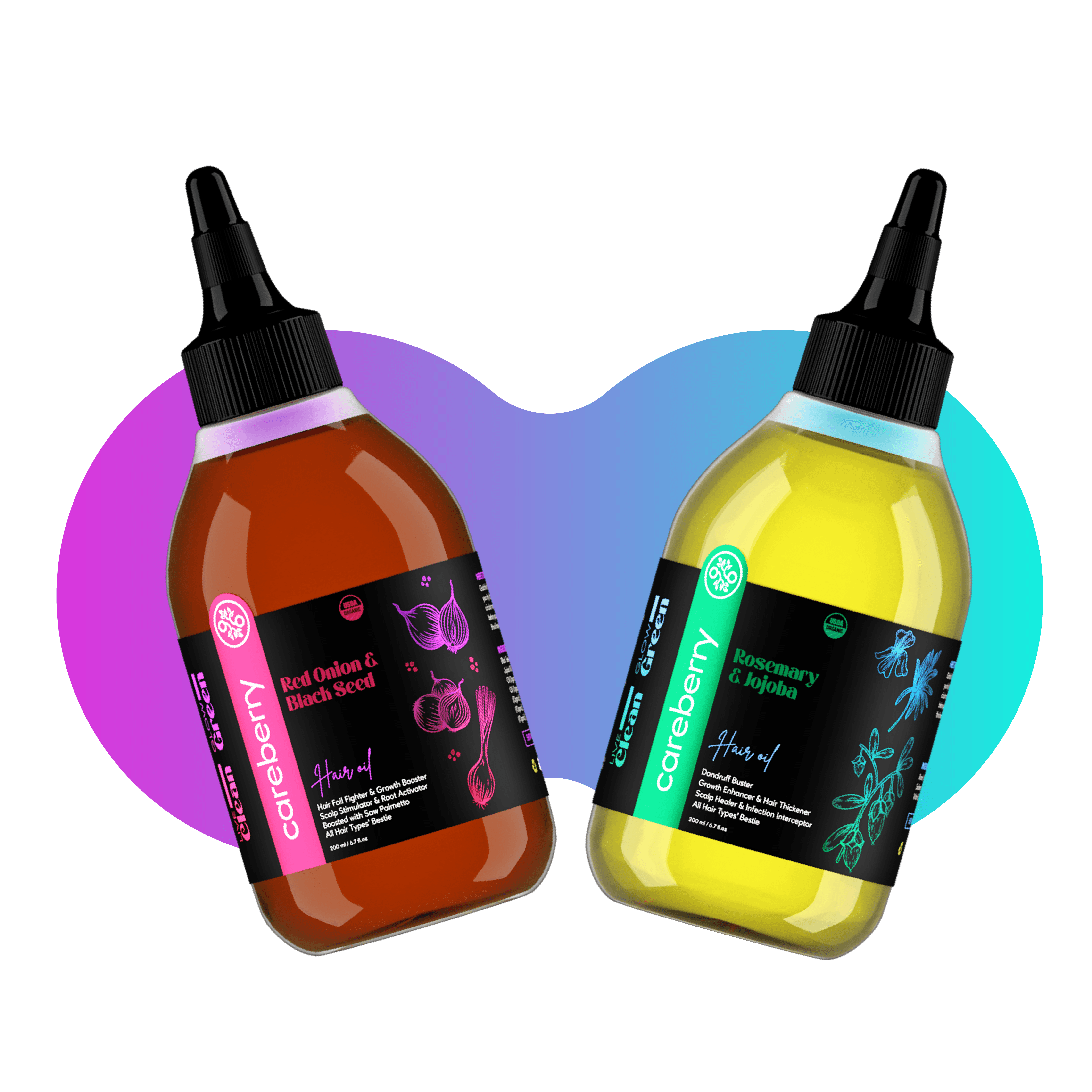 Organic Hair Oil Combo: Rosemary & Jojoba for Growth & Dandruff Control + Red Onion with Black Seed for Hair Fall Control, 100% Natural, Cold Pressed, 200ml Each