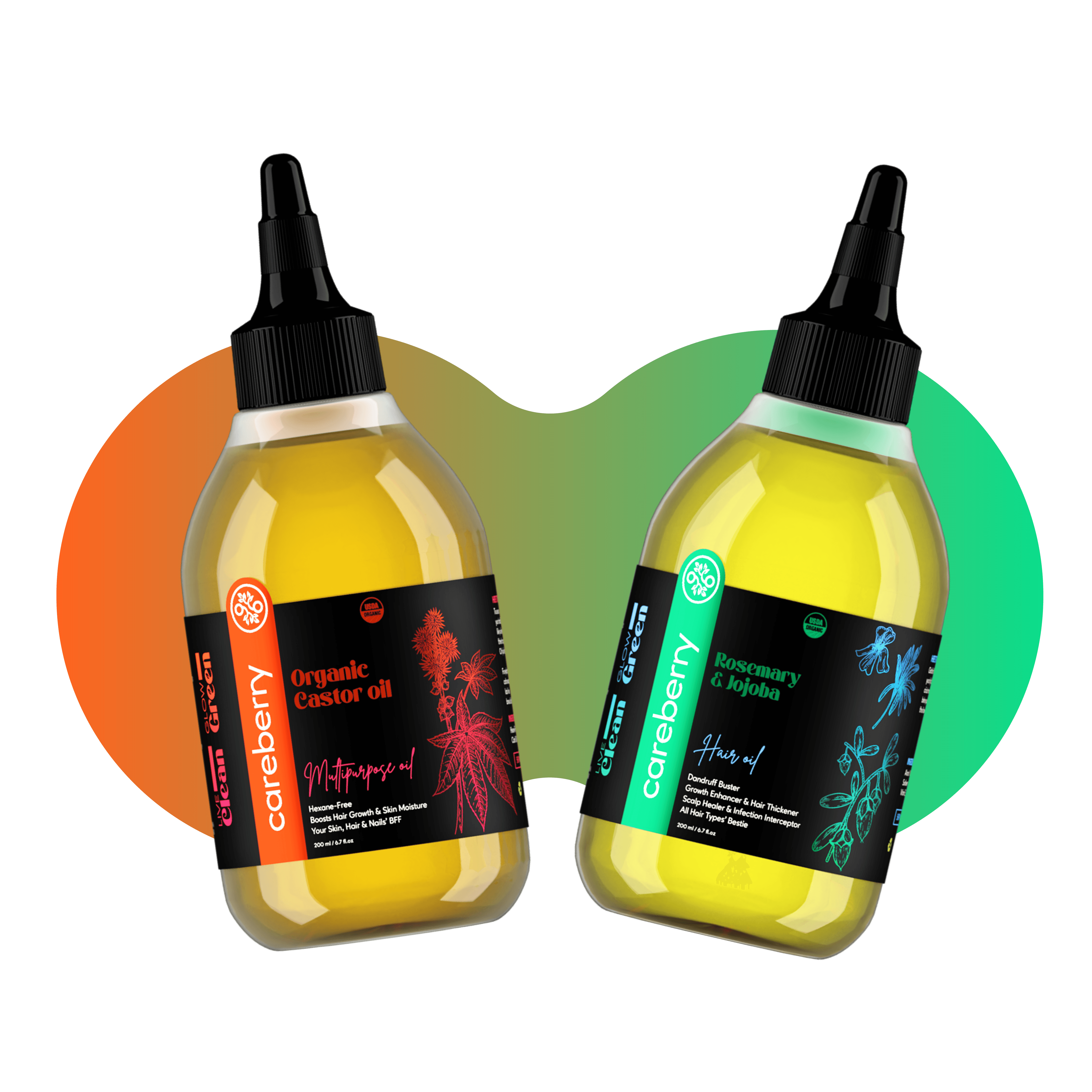 Organic Hair Growth Combo: Rosemary & Jojoba Hair Oil + USDA Certified Organic Castor Oil|100% Natural, Cold Pressed, Ayurvedic, Mineral Oil & Hexane-Free (200ml each)