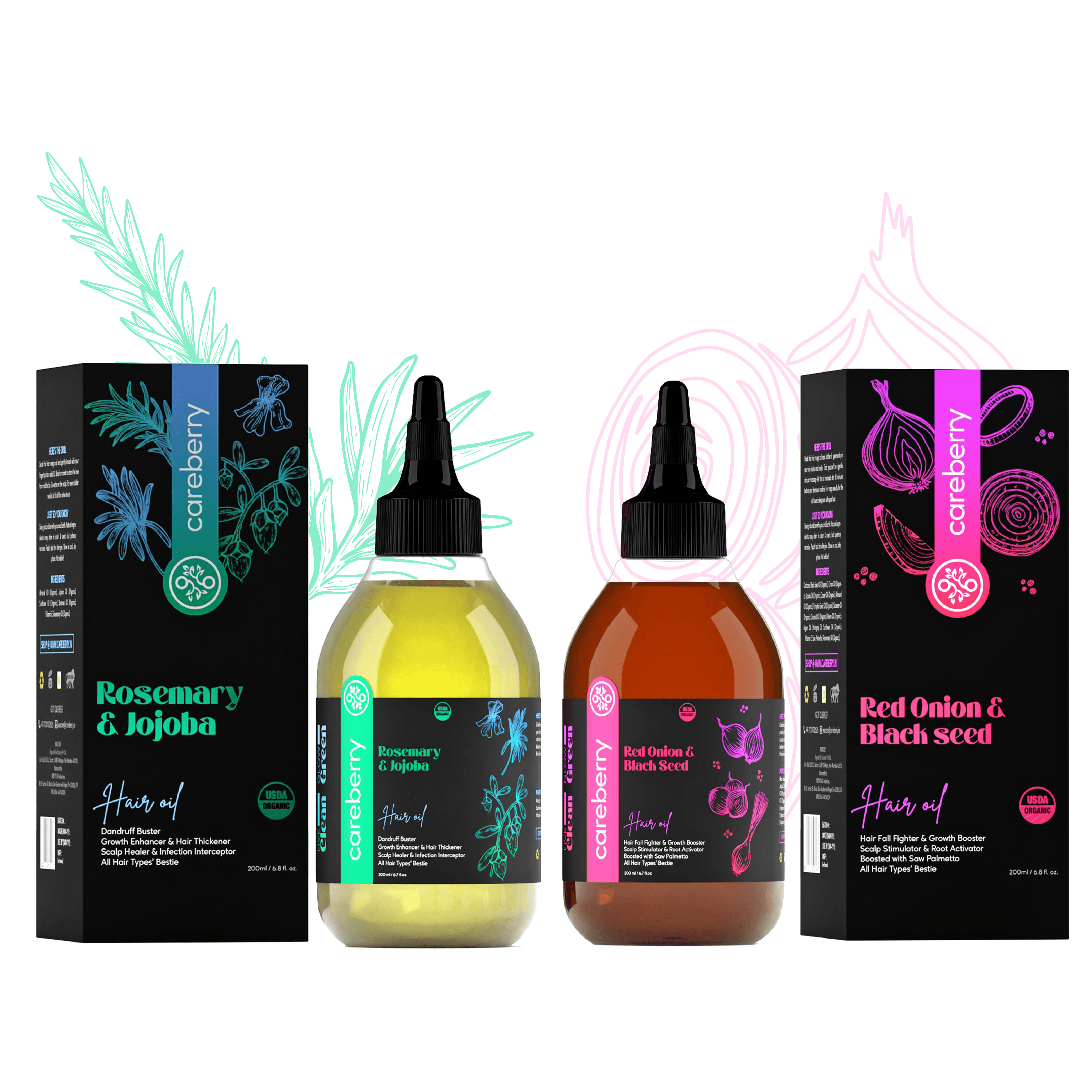 Organic Hair Oil Combo: Rosemary & Jojoba for Growth & Dandruff Control + Red Onion with Black Seed for Hair Fall Control, 100% Natural, Cold Pressed, 200ml Each