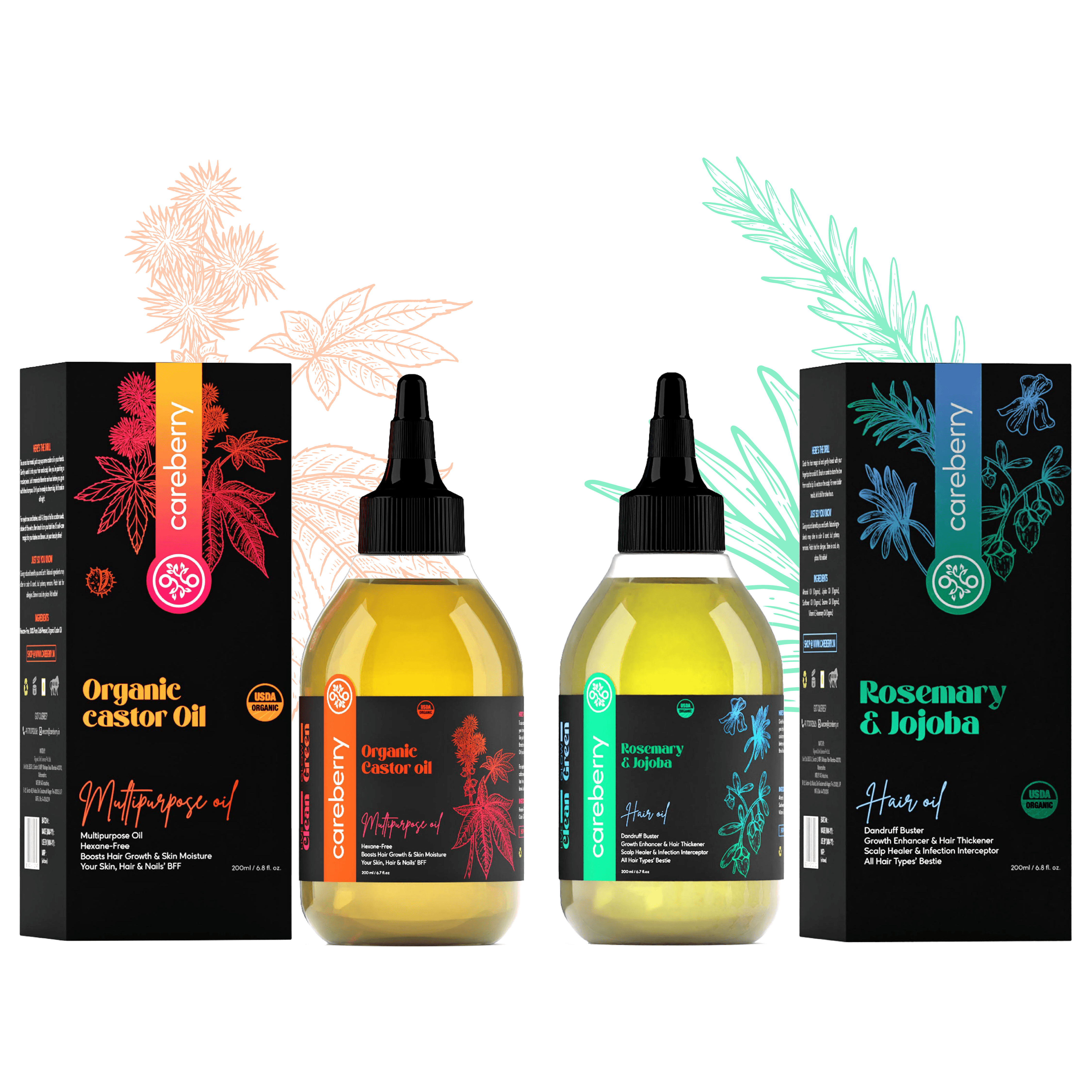 Organic Hair Growth Combo: Rosemary & Jojoba Hair Oil + Organic Castor Oil (200ml Each)